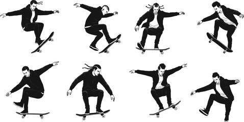 Skateboarder performing tricks, dynamic urban sport action, extreme skateboarding jumps, youth culture lifestyle illustration, freestyle movement, street skating sequence design vector