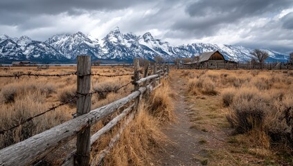 Fototapeta premium Rustic path through a field, past a weathered wooden fence, towards snowy mountains