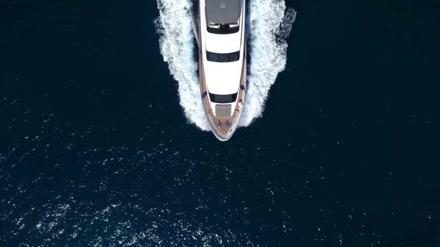 Overhead tracking view of a bow of a luxury yacht sailing with speed over the ocean with copy space