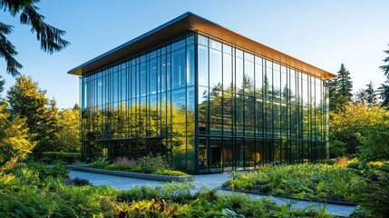 Obraz premium Modern glass building in a park setting. Use for architecture, nature, urban design