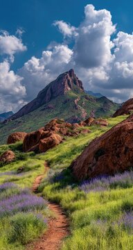 Hiking path winding through vibrant wildflowers and rocks at the base of a mountain under a bright sky