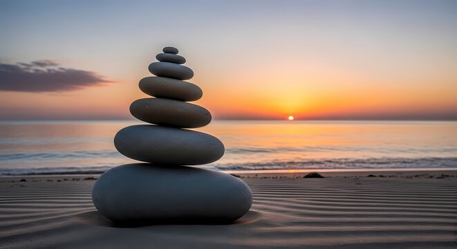 Pile of smooth stones balanced on sandy beach with sea in background, symbolizing meditation and harmony.