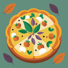 Flat lay of a colorful pizza with fall themed toppings