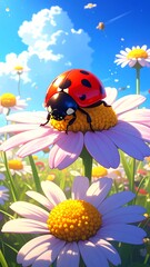 Ladybug on a daisy in a sunny meadow