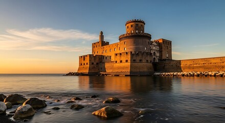 Historic Coastal Fortress During Sunset Warm Light in Calm Sea