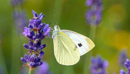 A pale yellow butterfly sips nectar from a vibrant cluster of purple lavender blooms.