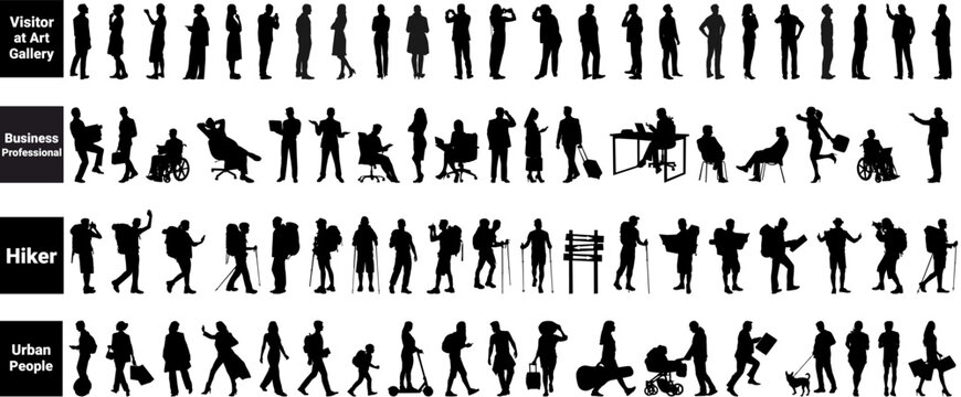 silhouettes of architecture drawing people. Architectural drawing of visitor at art gallery, business professional, hikers and urban life in row section elevation view. characters in architectural