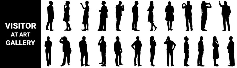 Visitor at art gallery looking at painting silhouettes. Concept of people at art gallery gazing in different direction. 