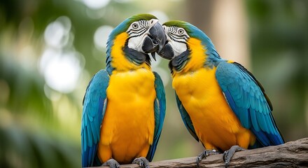 Two blue and yellow macaws kissing on a branch
