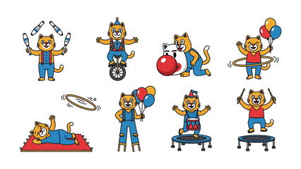 Playful Circus Animal: A series of charming illustrations showcasing a playful animal character performing circus acts with vibrant colors, embodying joy and artistic flair.