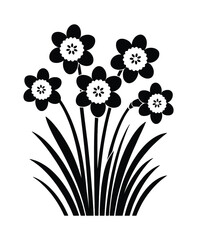 Black and White Illustration of Daffodils with Green Stems and Leaves