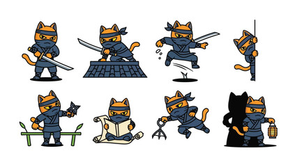 Ninja Cat Collection: Dynamic illustration set showcasing a fierce ninja cat in various action poses. Armed with katana, shuriken, and stealth, the cat embodies the spirit of a skilled martial artist. © azizunnahar