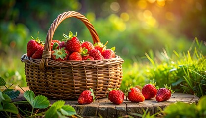 Fresh strawberries in a wicker basket outdoors