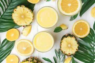 A cottage-style table featuring lemon pineapple smoothies in etched glasses, paired with citrus slices and tropical leaves 
