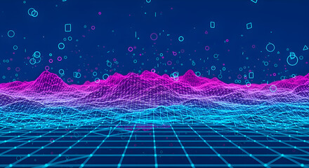 Abstract digital landscape with glowing particles and grid, representing technology and future concepts