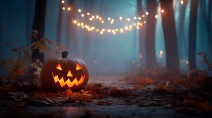 A carved jack-o'-lantern glowed eerily in the dimly lit forest, adorned with twinkling strands of lights. Fallen leaves swirled around it, creating a spooky and magical Halloween atmosphere.