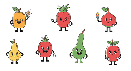 A vibrant collection of cartoon fruits with smiling faces and expressive eyes.