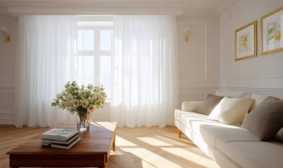 A bright American classic living room interior with floor-to-ceiling grid-style window