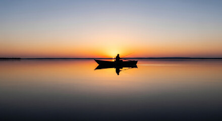 Panoramic silhouette of lone fisherman on boat, serene sunset sky with warm gradient, perfect symmetry reflection on lake, meditative mood.