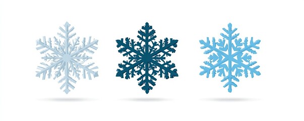 Three stylized snowflakes in varying shades of blue, set against a white background, each casting a subtle shadow
