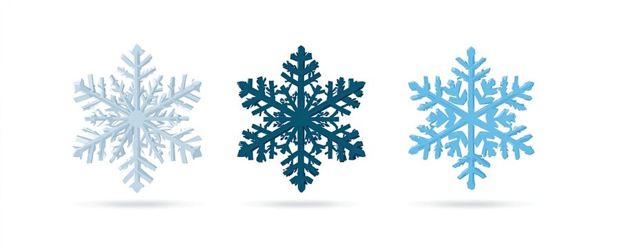 Three stylized snowflakes in varying shades of blue, set against a white background, each casting a subtle shadow