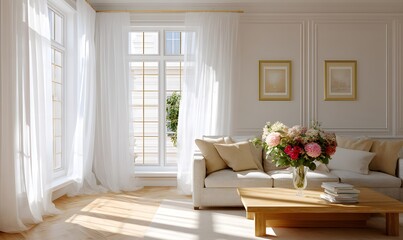 A bright American classic living room interior with floor-to-ceiling grid-style window
