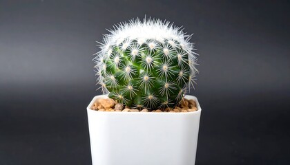 Close-up of a small cactus in a white pot