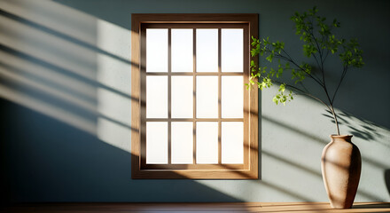 Sunlight streaming through a wooden window onto a wall, illuminating a vase with a plant branch inside
