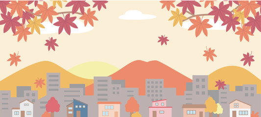 紅葉と街並みのイラスト