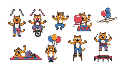Fototapeta premium Circus Cats and Their Adventures: Delightful illustration capturing a series of playful circus cats performing an array of acts, juggling, balancing, and entertaining with lively energy.