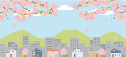 桜と街並みのイラスト