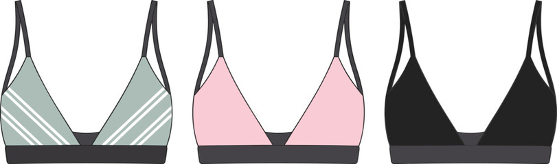 Set of three women's bralettes with thin straps and V-neckline, in various colors, vector illustration for lingerie and apparel design.