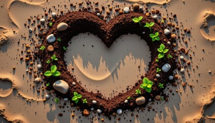 Top down symbolic image of soil shaped into infinity loop surrounded by seeds, stones