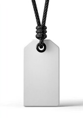 Blank rectangular tag, off-white, hangs from a thick black rope knotted at the top, isolated on white