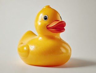 A yellow rubber duck, slightly wet, sits on a light gray background, showcasing its glossy surface and simple design