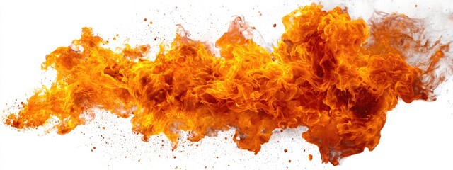 Fiery orange and yellow flames burst and spread across a white background, with small embers scattered around