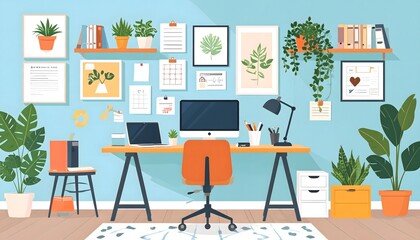 Fototapeta premium Modern Home Office Setup with Desk Computer Laptop Chair Plants and Wall Art Ideal for Remote Work Study and Creative Space