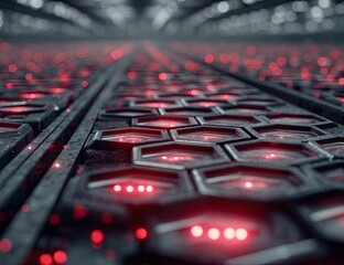 A perspective view of a futuristic, dark grey hexagonal grid with red glowing lights, receding into a blurred background.  The surface appears metallic and textured