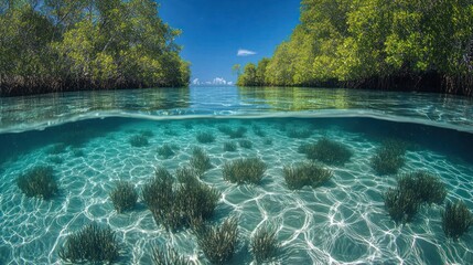 Obraz premium Mangrove forest waterway, underwater view. Tranquil tropical scene. Possible use Stock photo for travel and nature websites