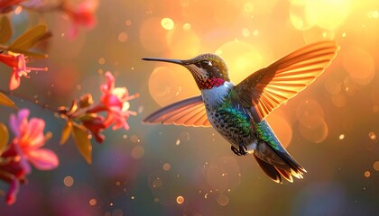 Fototapeta premium A vibrant hummingbird in flight, surrounded by radiant, soft-focus flowers, bathed in warm sunset light.