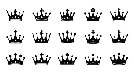 Collection of ornate black crowns in various royal designs on white background © Kuntol02