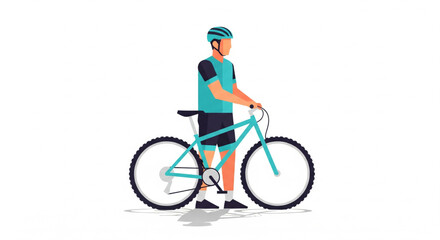 A cyclist in a helmet stands next to his mountain bike, ready for a ride.