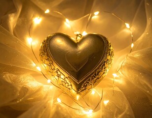 Golden heart encircled by fairy lights on sheer fabric