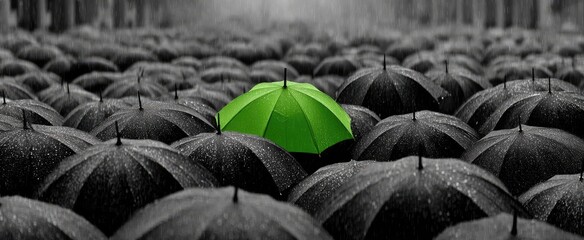 A single vibrant green umbrella stands out amidst a sea of monochrome umbrellas under a gray sky