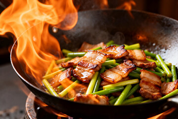Flaming Wok with Stir-fried Pork and Garlic Scapes
