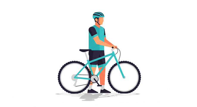 A cyclist in a helmet stands next to his mountain bike, ready for a ride.