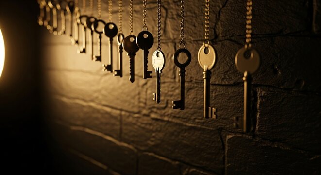 A collection of vintage keys hanging against a stone wall casting long shadows