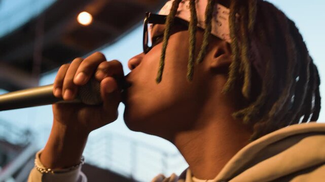 Closeup of young African American street musician holding microphone performing hip-hop song