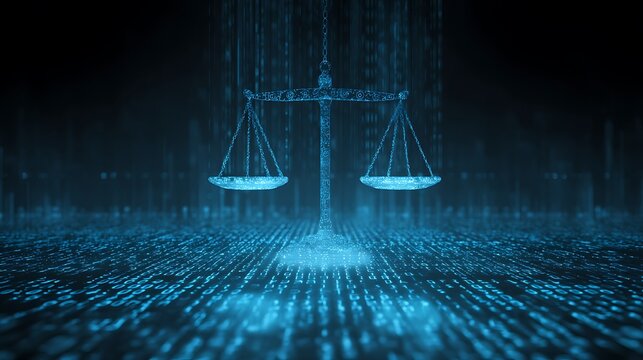 Business Compliance Abstract Glowing Balance Scale Suspended In Digital Matrix Symbolizing Rules Ethics Accountability Futuristic Style
