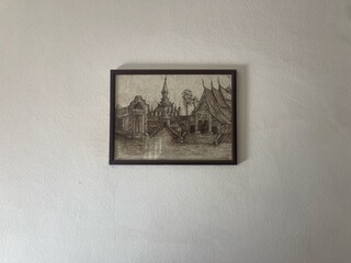 Artistic framed sketch of temple and cultural architecture, decorative drawing for interior wall...